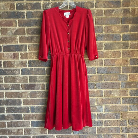 Vintage Anthony Richards Red Velvet Velour Scalloped V Neck Dress Pockets Sz 10 - Picture 1 of 8